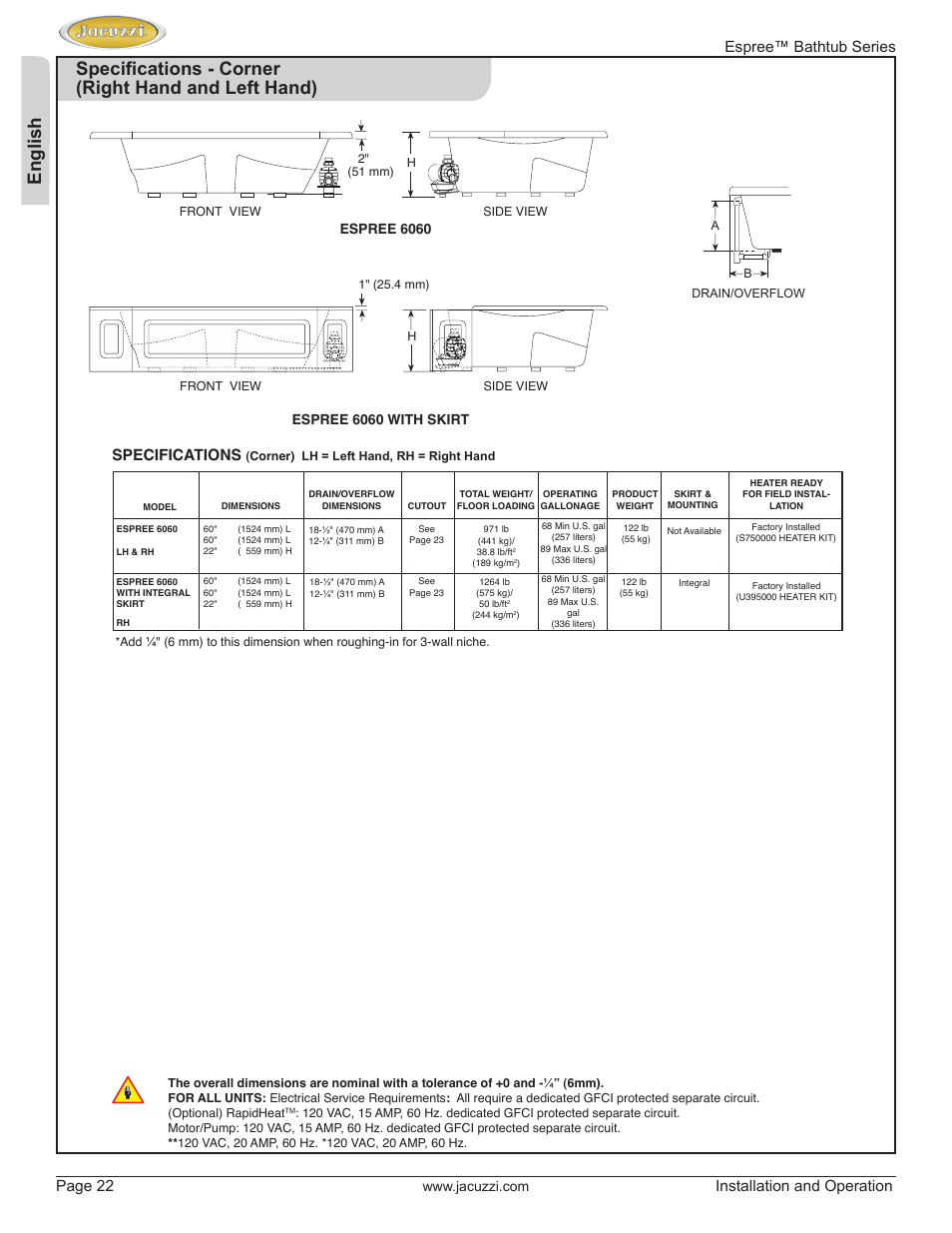 Espree™ bathtub series page 22, Installation and operation, Specifications | Espree 6060 with skirt, Espree 6060 | Jacuzzi U961000 User Manual | Page 22 / 28