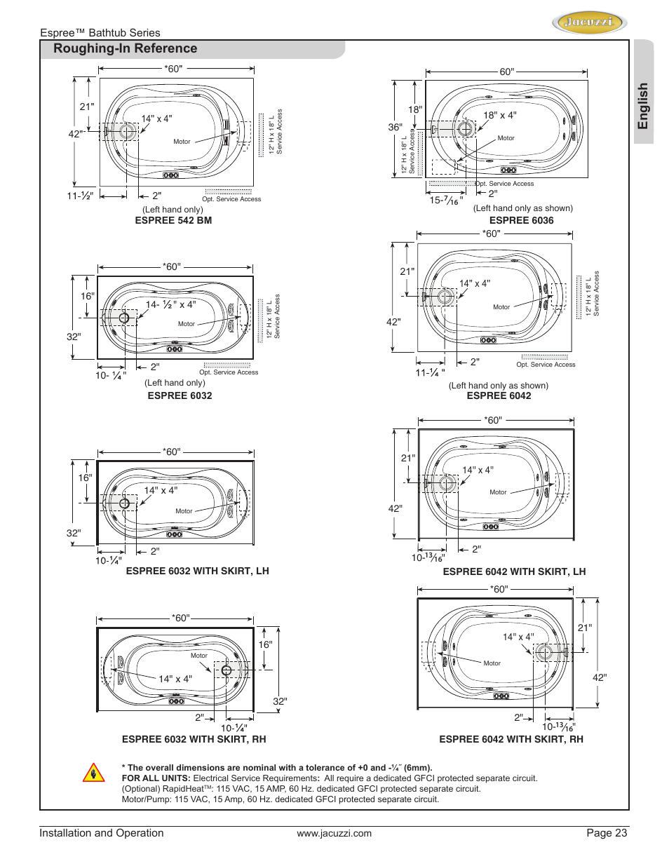 English, Roughing-in reference | Jacuzzi U961000 User Manual | Page 23 / 28