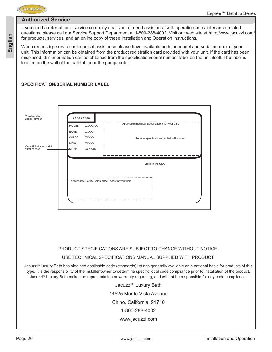 English authorized service, Jacuzzi | Jacuzzi U961000 User Manual | Page 26 / 28