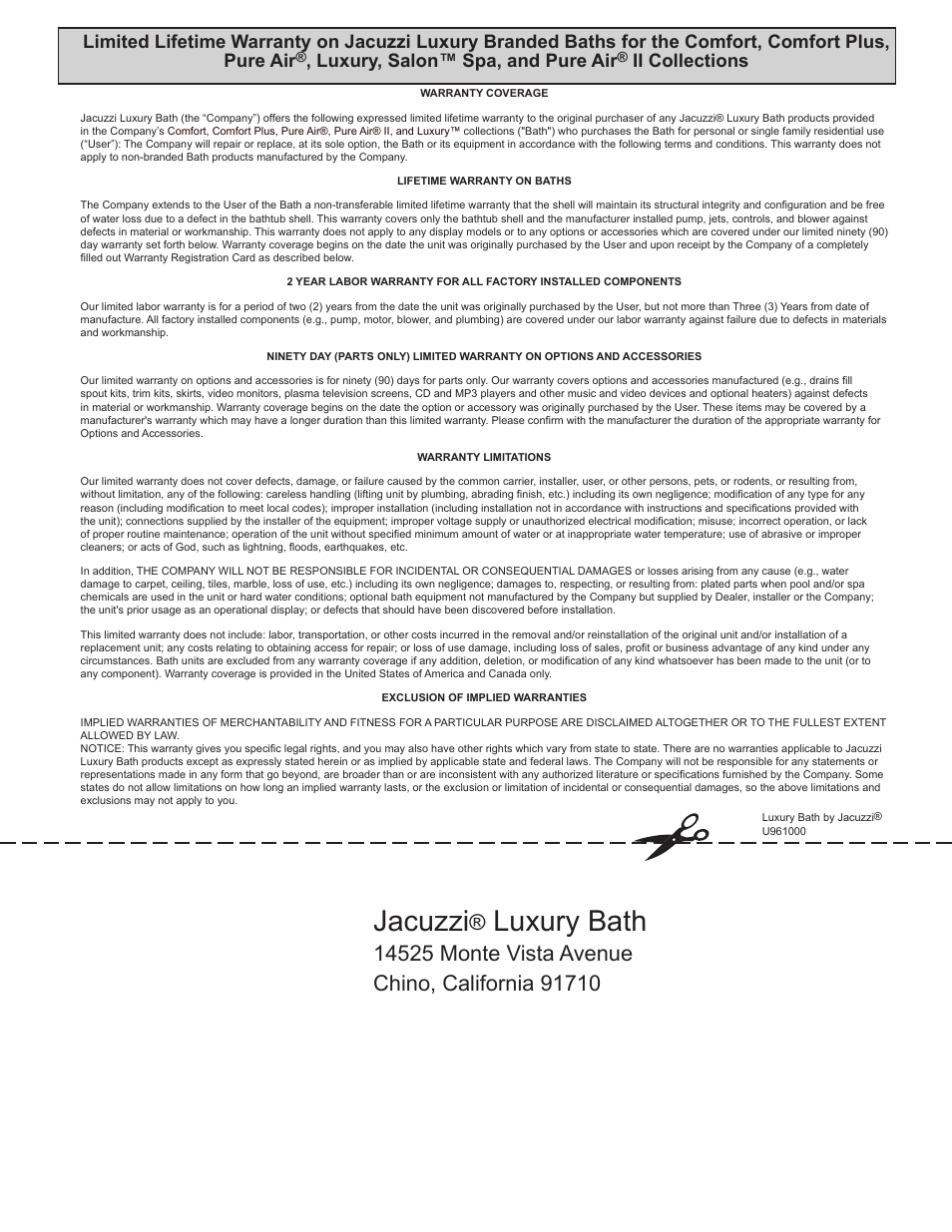 Jacuzzi, Luxury bath, English warranty | Luxury, salon™ spa, and pure air, Ii collections | Jacuzzi U961000 User Manual | Page 27 / 28