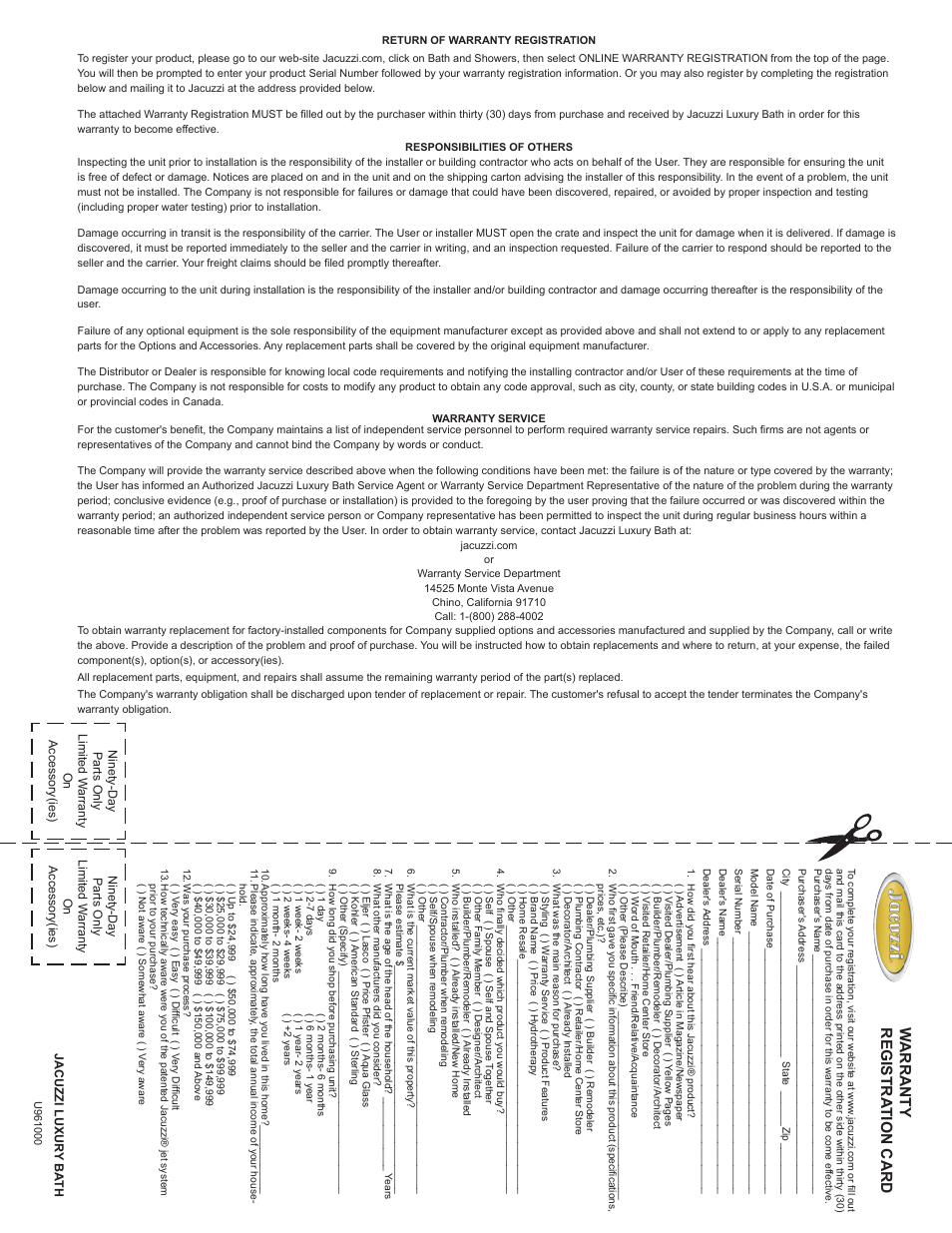 English español, Espree™ bathtub series page 28, Installation and operation | Warrant y r egistra tion c ard | Jacuzzi U961000 User Manual | Page 28 / 28