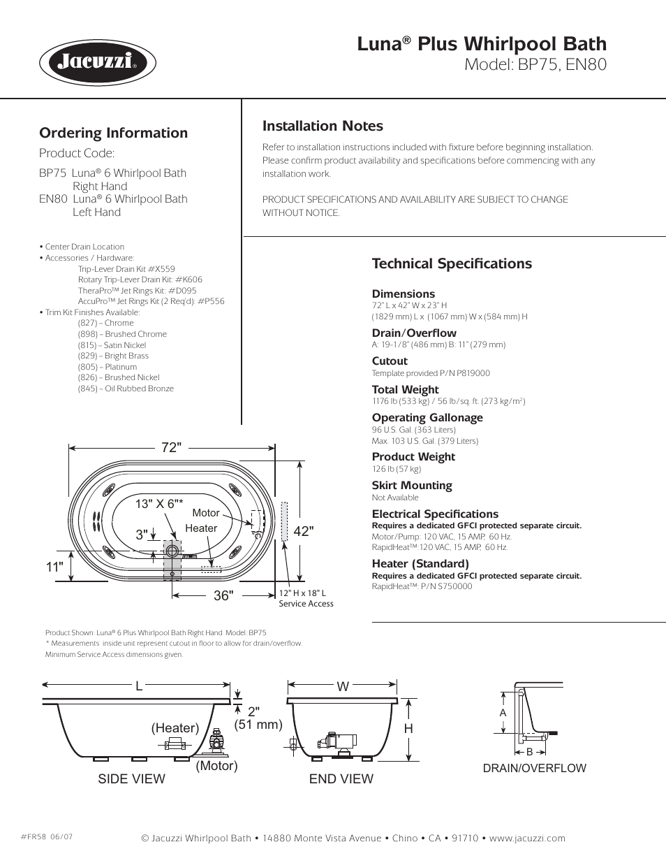 Luna® plus whirlpool bath, Model: bp75, en80, Luna plus | Ordering information, Technical speciﬁ cations | Jacuzzi Luna EN80 User Manual | Page 2 / 2