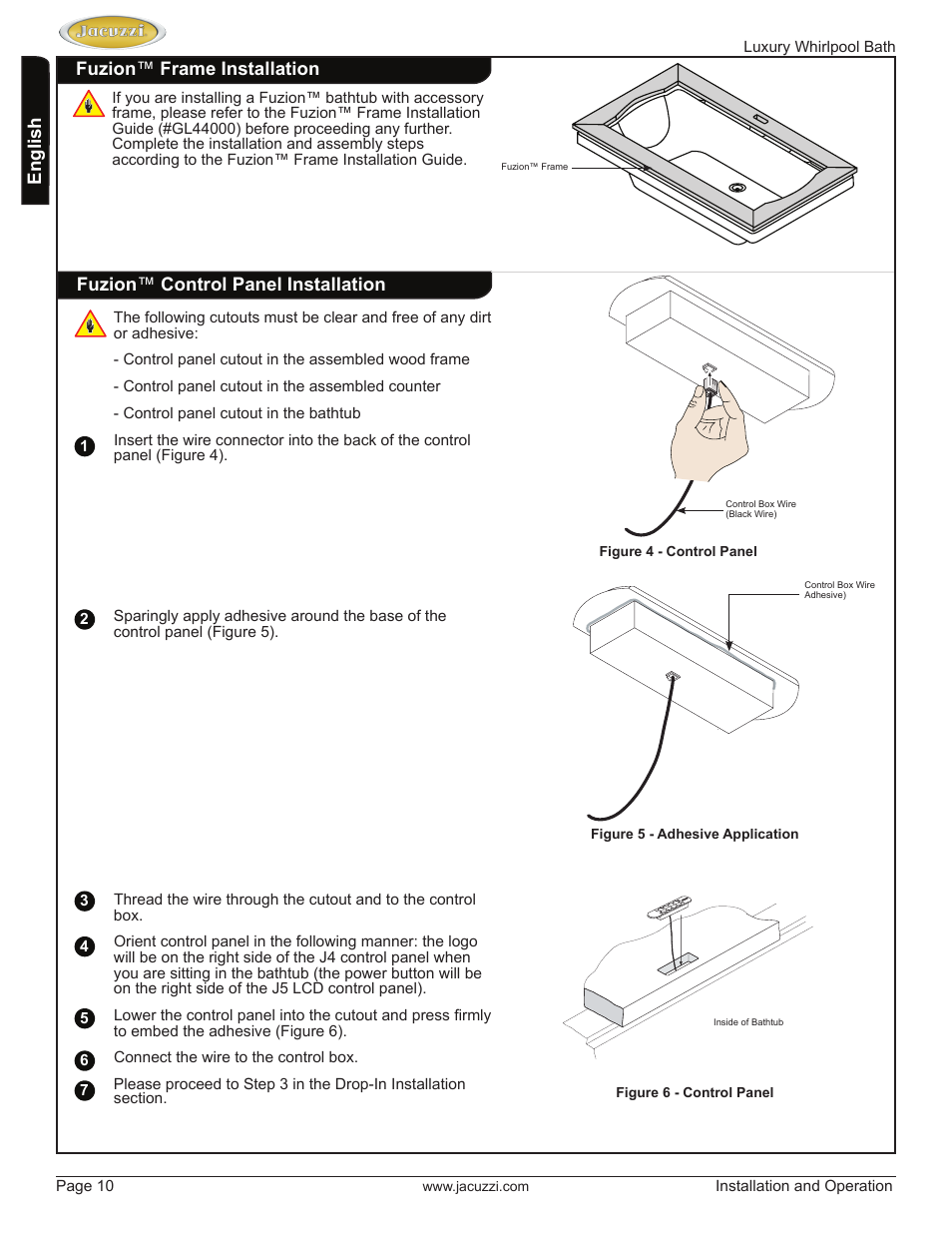 English fuzion ™ frame installation, Fuzion ™ control panel installation | Jacuzzi HD84000 User Manual | Page 10 / 72