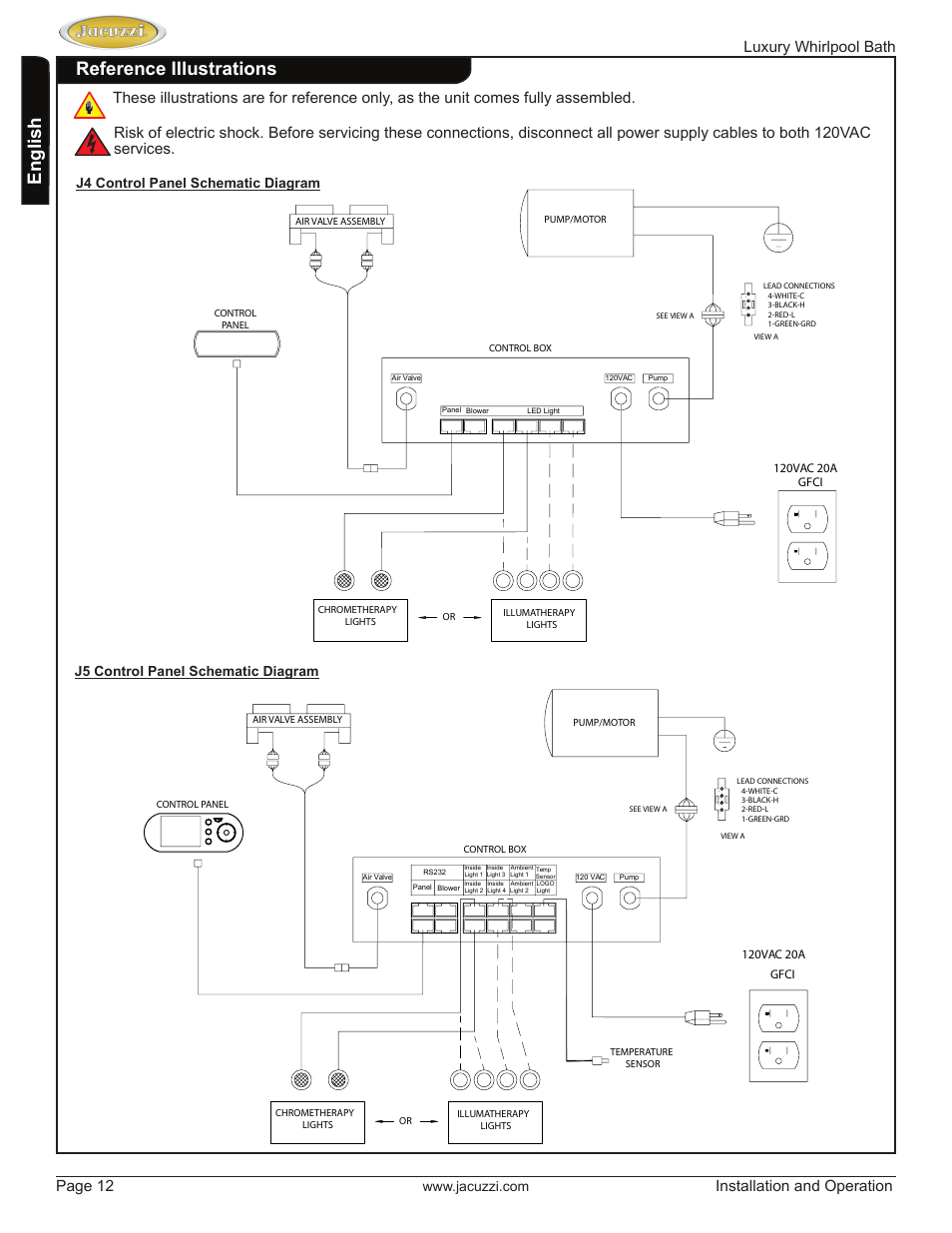 English reference illustrations, Luxury whirlpool bath page 12, Installation and operation | Jacuzzi HD84000 User Manual | Page 12 / 72