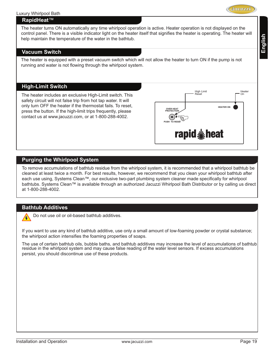 English, Bathtub additives, Purging the whirlpool system rapidheat | Vacuum switch, High-limit switch | Jacuzzi HD84000 User Manual | Page 19 / 72