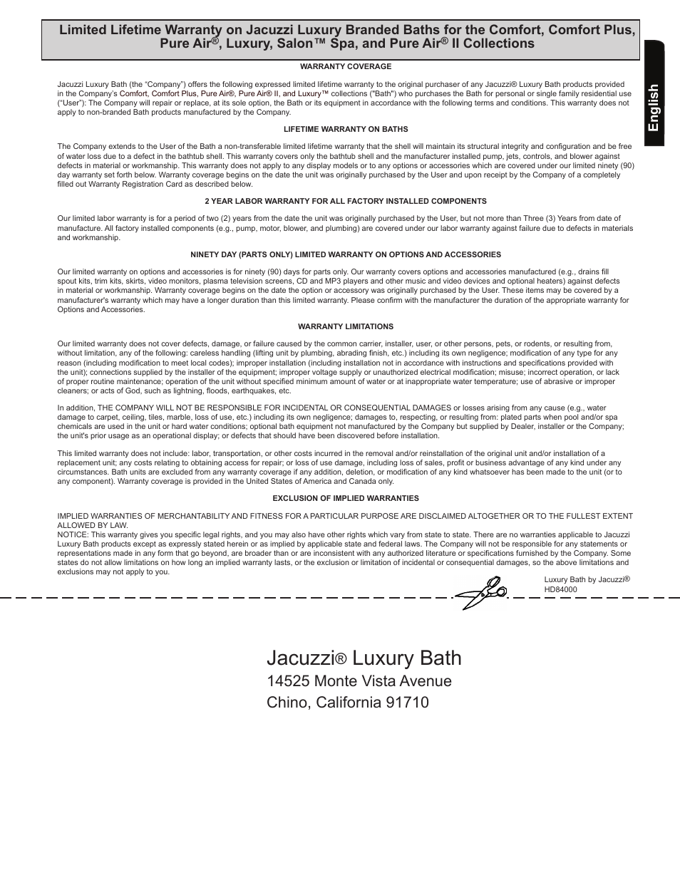 Jacuzzi, Luxury bath, English warranty | Luxury, salon™ spa, and pure air, Ii collections | Jacuzzi HD84000 User Manual | Page 23 / 72
