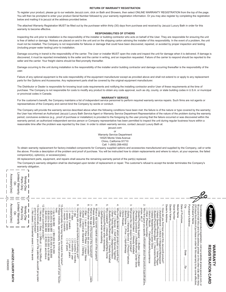 English, Luxury whirlpool bath page 24, Installation and operation | Warranty registra tion card | Jacuzzi HD84000 User Manual | Page 24 / 72