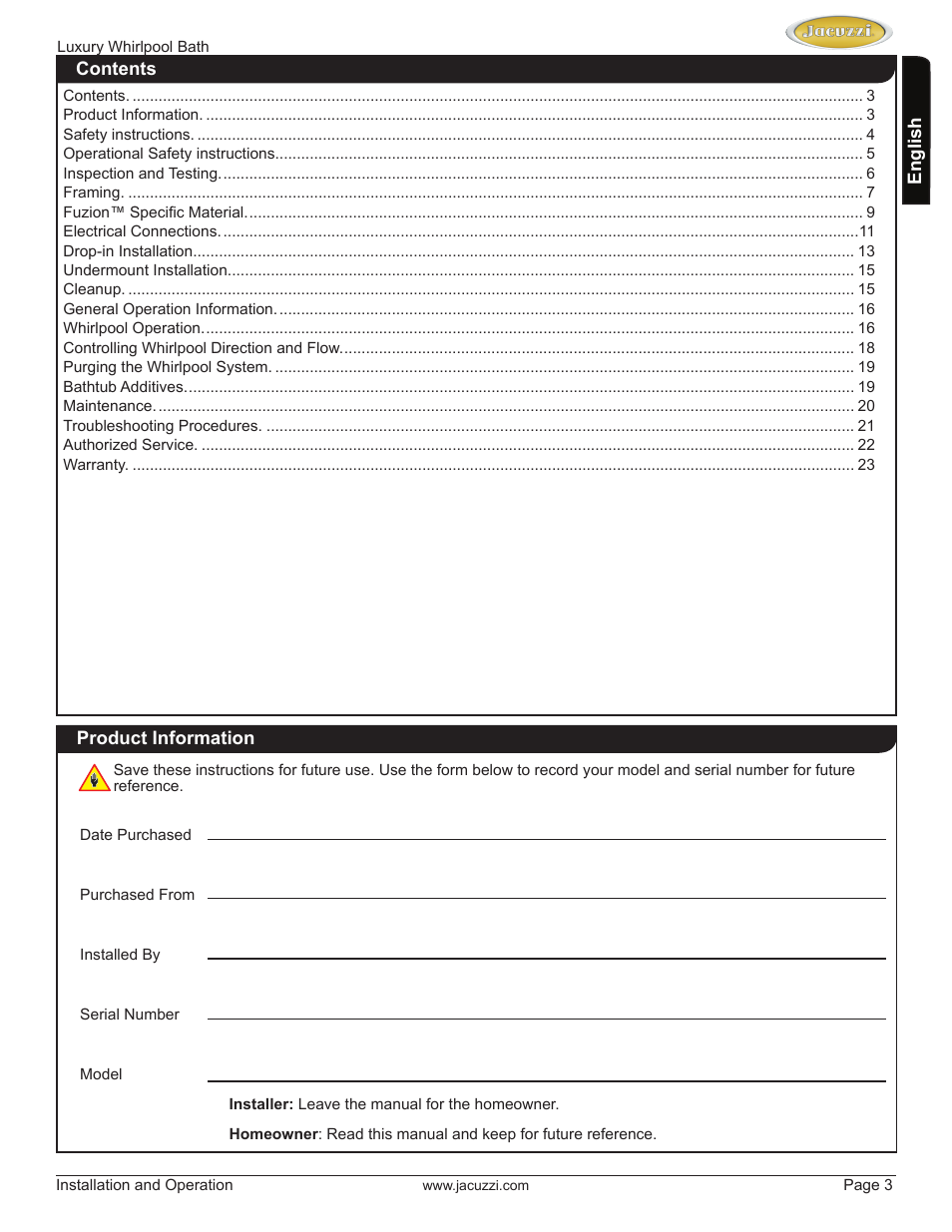 Jacuzzi HD84000 User Manual | Page 3 / 72