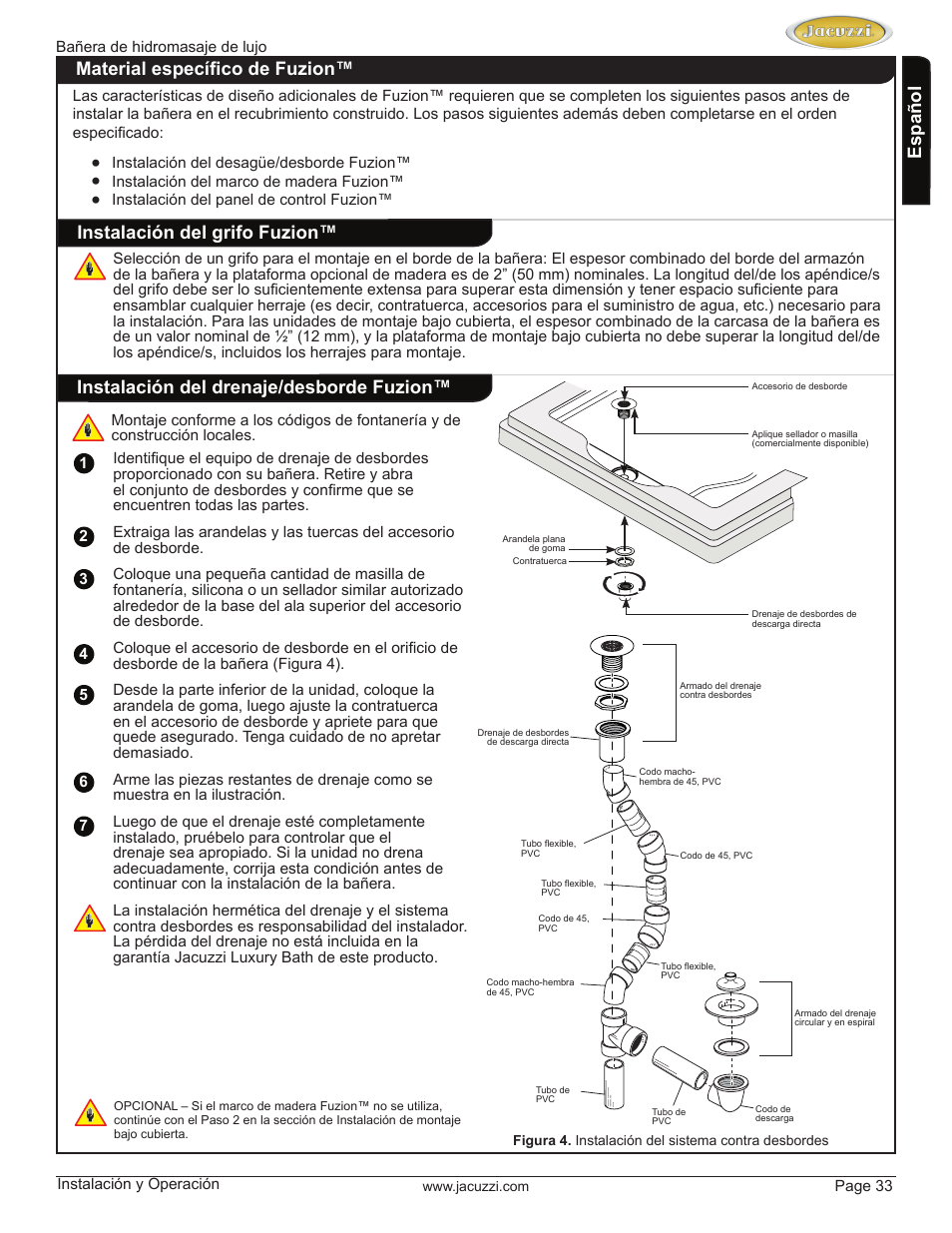 English español, Instalación del grifo fuzion | Jacuzzi HD84000 User Manual | Page 33 / 72