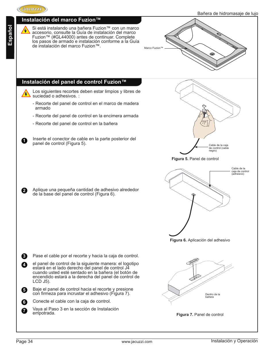 English español, Instalación del marco fuzion, Instalación del panel de control fuzion | Jacuzzi HD84000 User Manual | Page 34 / 72