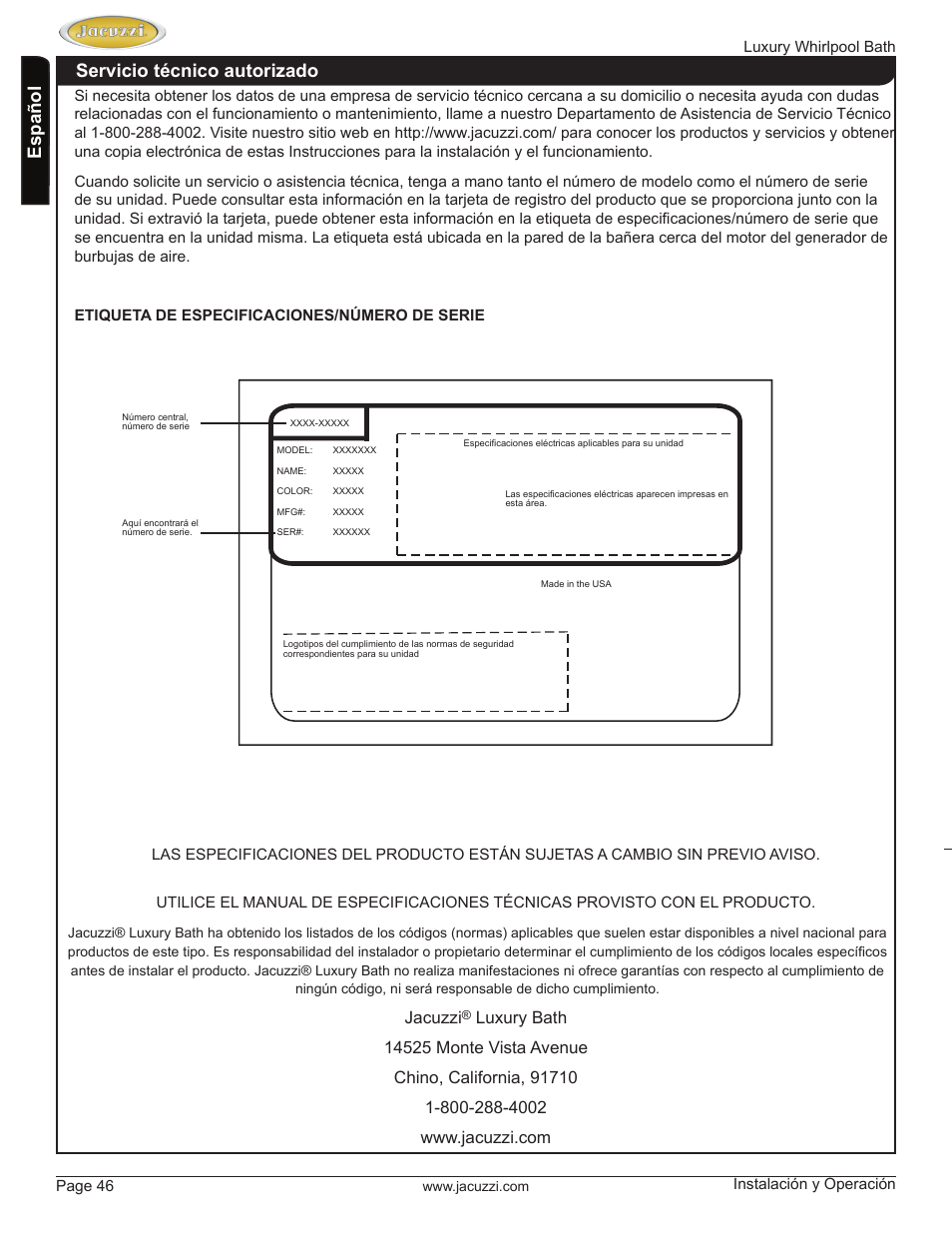 English español, Servicio técnico autorizado, Jacuzzi | Jacuzzi HD84000 User Manual | Page 46 / 72