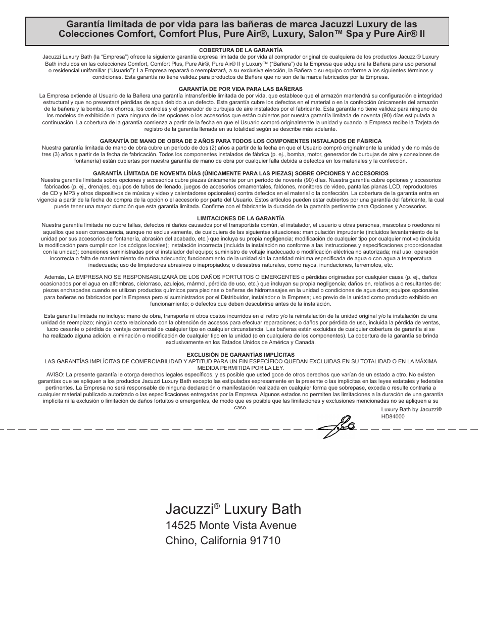 Jacuzzi, Luxury bath, English | Español warranty | Jacuzzi HD84000 User Manual | Page 47 / 72