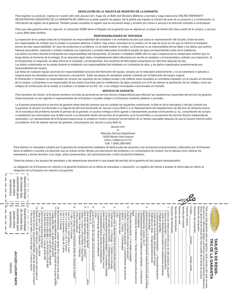 English español, Luxury whirlpool bath page 48, Installation and operation | Tarjet a de regis - tro de la garantía | Jacuzzi HD84000 User Manual | Page 48 / 72