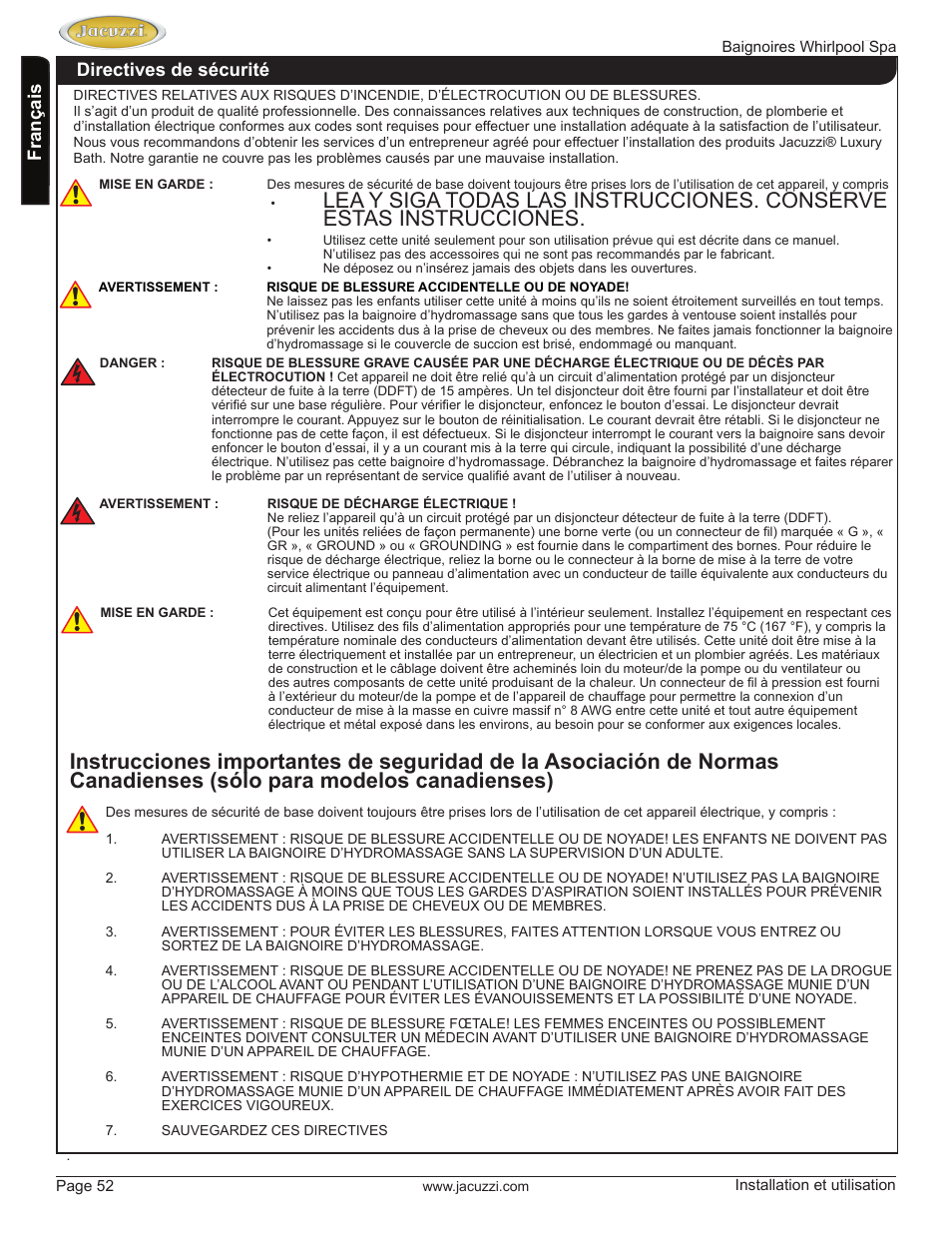 English français, Directives de sécurité | Jacuzzi HD84000 User Manual | Page 52 / 72