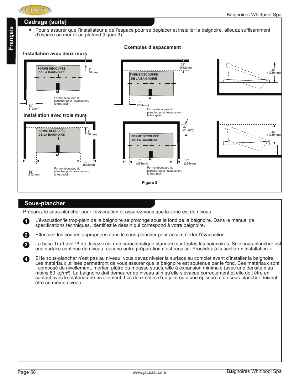 English français, Cadrage (suite) sous-plancher | Jacuzzi HD84000 User Manual | Page 56 / 72