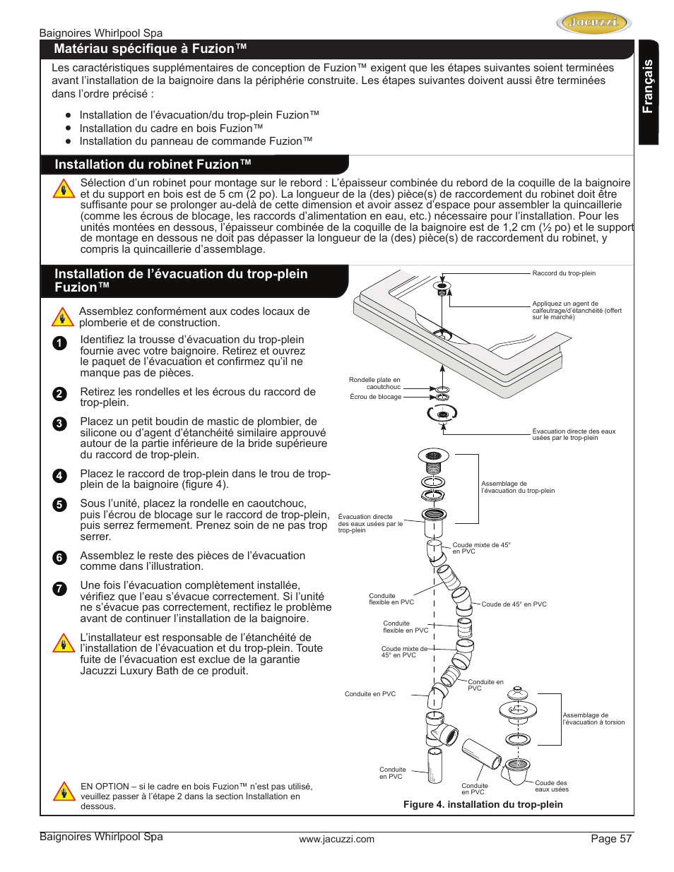 English, Français, Installation du robinet fuzion | Jacuzzi HD84000 User Manual | Page 57 / 72