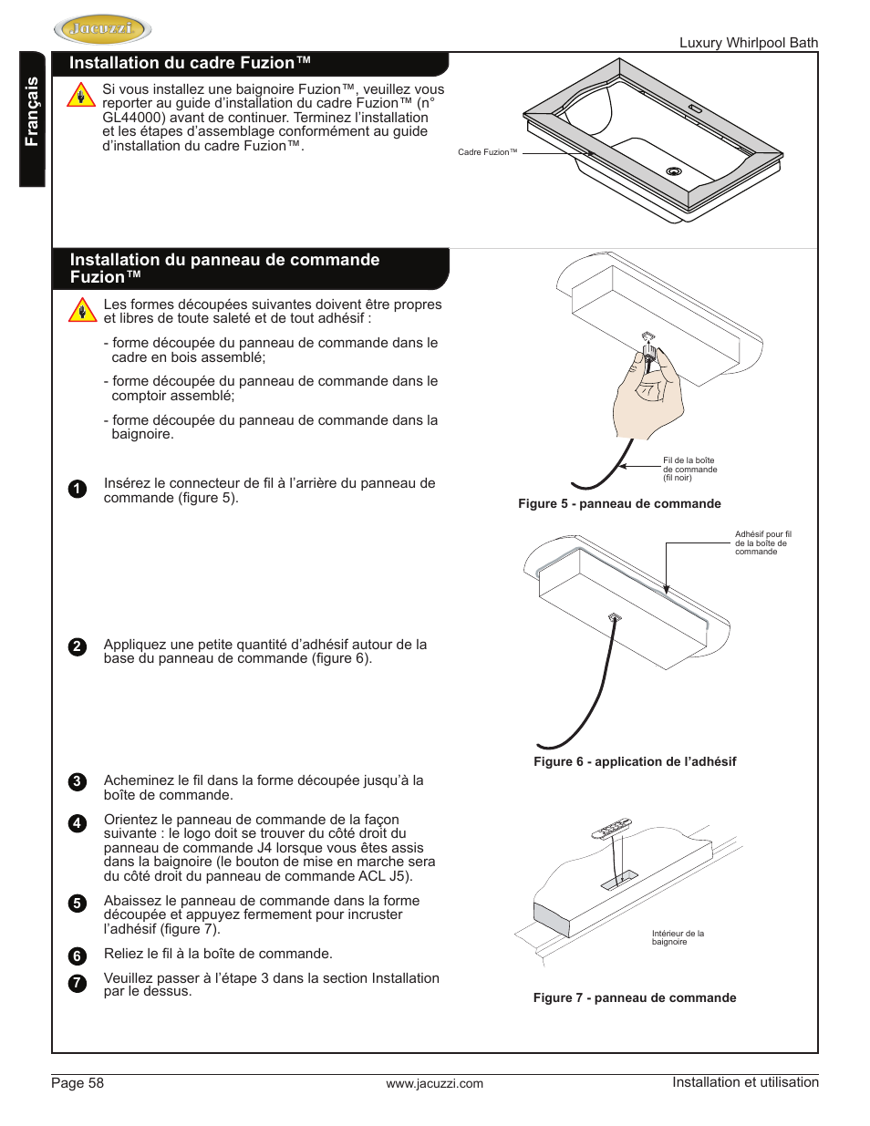 English français installation du cadre fuzion, Installation du panneau de commande fuzion | Jacuzzi HD84000 User Manual | Page 58 / 72