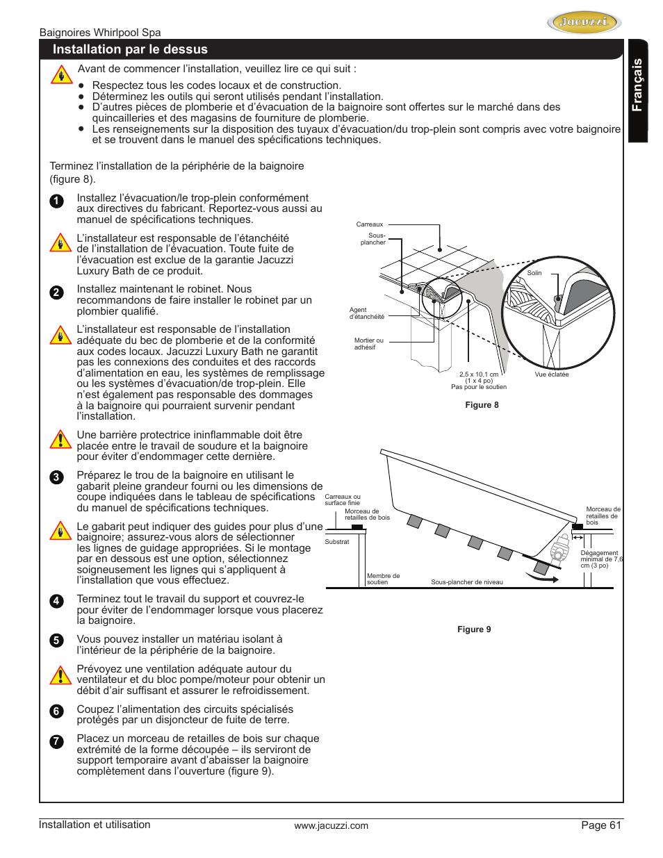 English, Français, Installation par le dessus | Jacuzzi HD84000 User Manual | Page 61 / 72