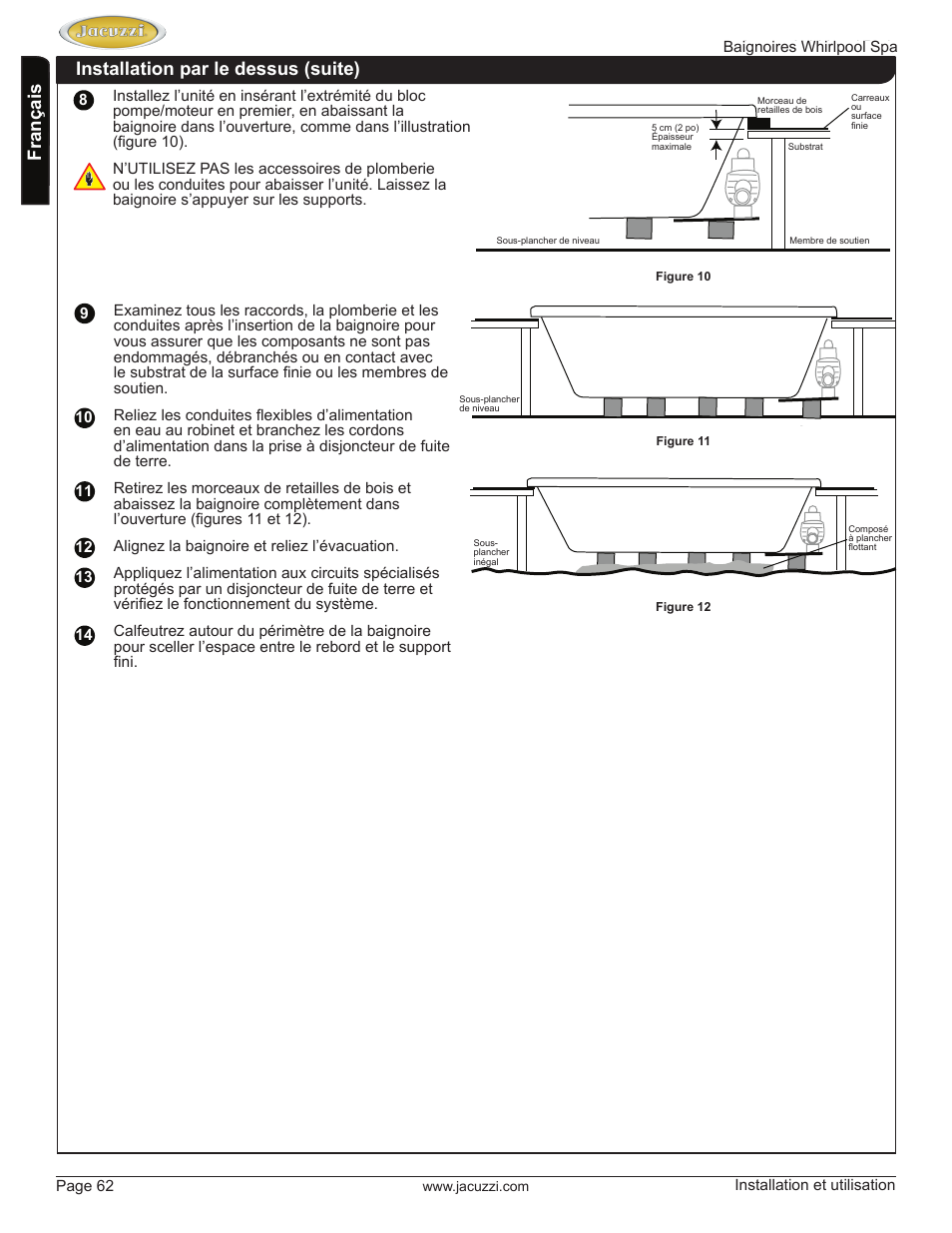 English français, Installation par le dessus (suite) | Jacuzzi HD84000 User Manual | Page 62 / 72