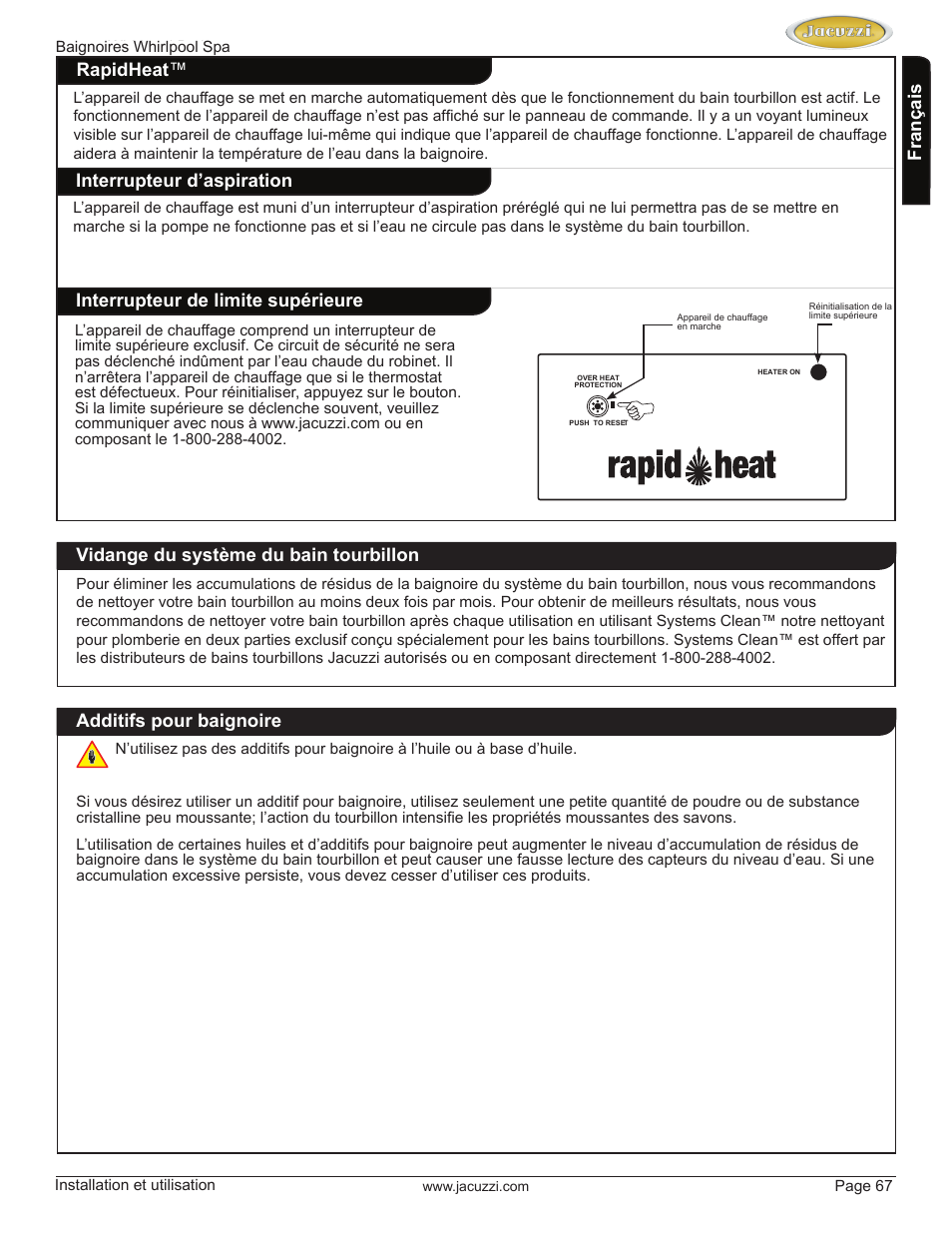 English, Français, Additifs pour baignoire | Vidange du système du bain tourbillon rapidheat, Interrupteur d’aspiration, Interrupteur de limite supérieure | Jacuzzi HD84000 User Manual | Page 67 / 72