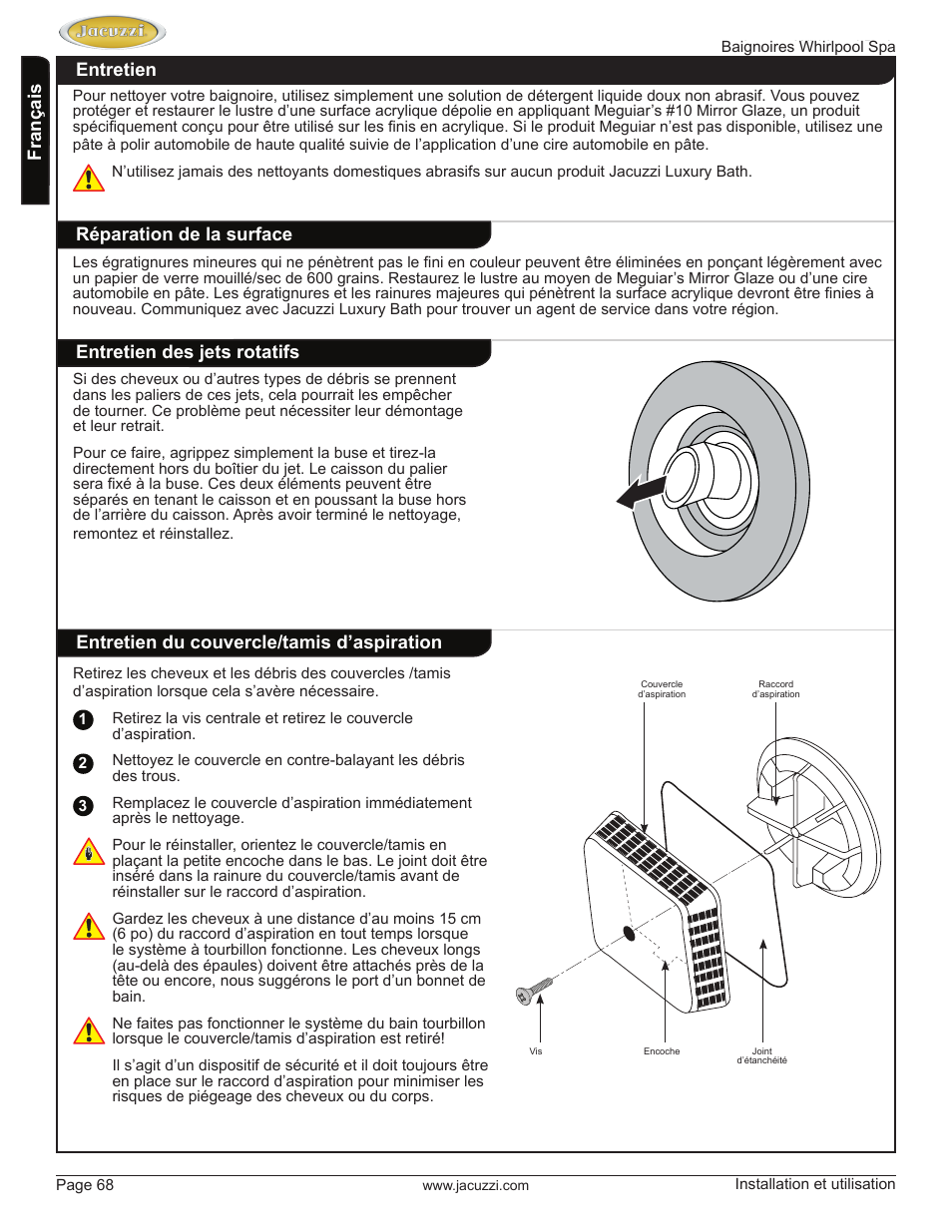 English français, Entretien réparation de la surface, Entretien des jets rotatifs | Entretien du couvercle/tamis d’aspiration | Jacuzzi HD84000 User Manual | Page 68 / 72