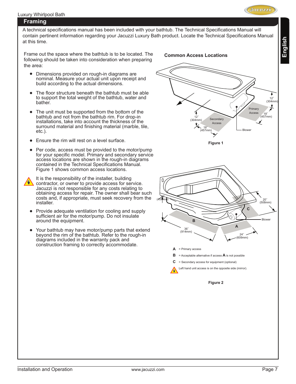 English, Framing | Jacuzzi HD84000 User Manual | Page 7 / 72