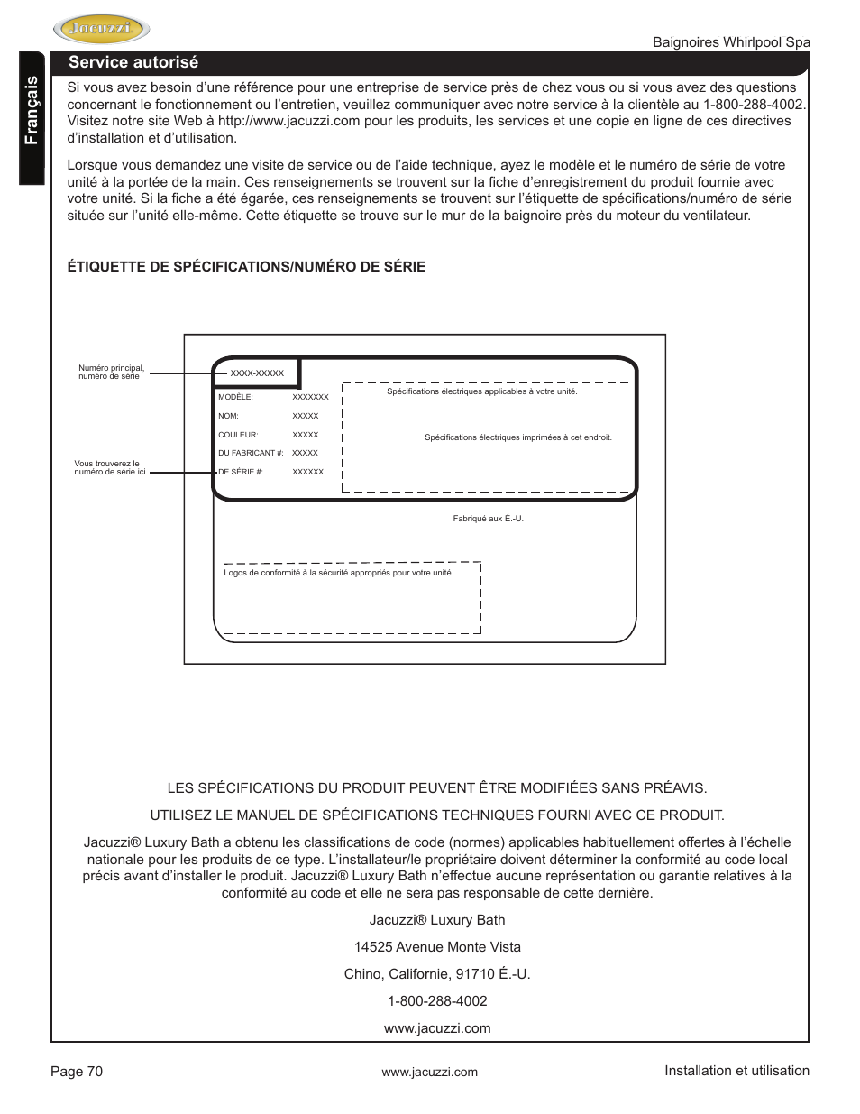 English français, Service autorisé | Jacuzzi HD84000 User Manual | Page 70 / 72