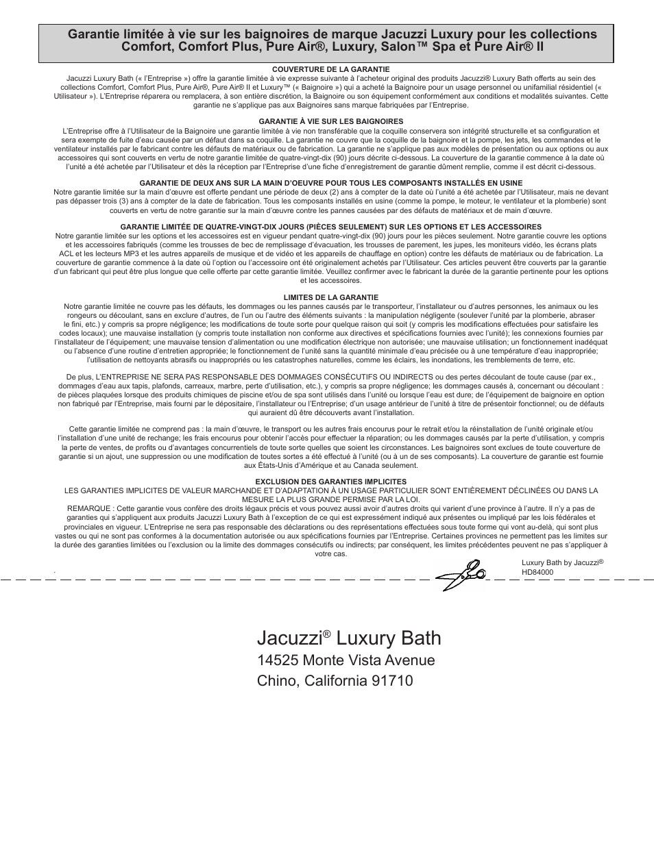 Jacuzzi, Luxury bath, English | Français, Warranty | Jacuzzi HD84000 User Manual | Page 71 / 72