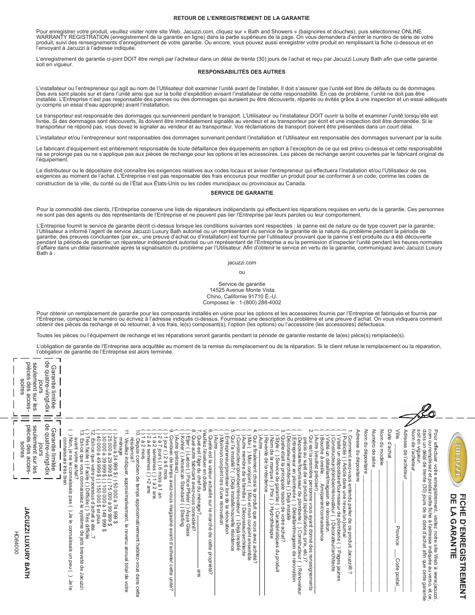 English français, Luxury whirlpool bath page 72, Installation and operation | Fiche d’enregistrement de la garantie | Jacuzzi HD84000 User Manual | Page 72 / 72