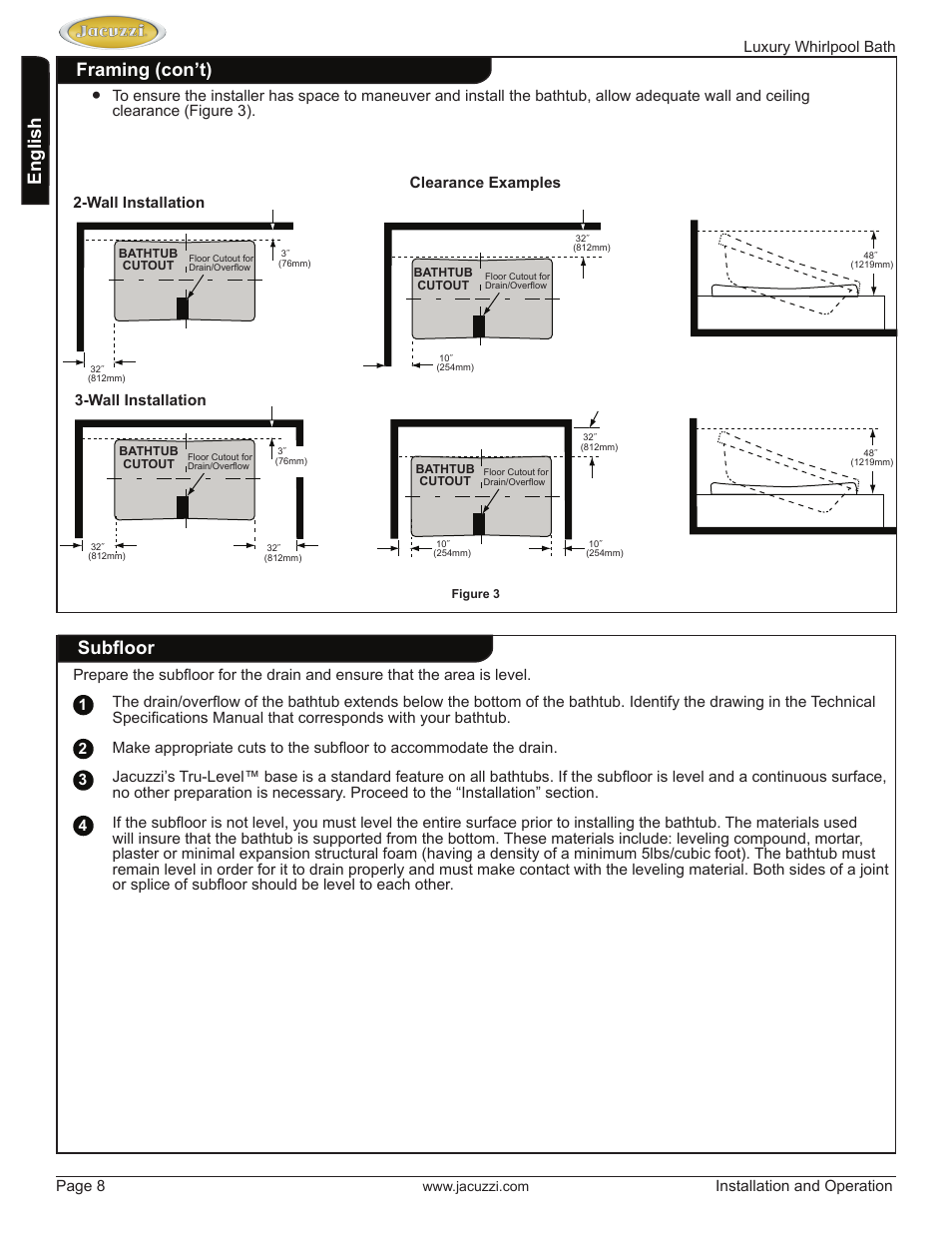 English, Framing (con’t) subfloor | Jacuzzi HD84000 User Manual | Page 8 / 72