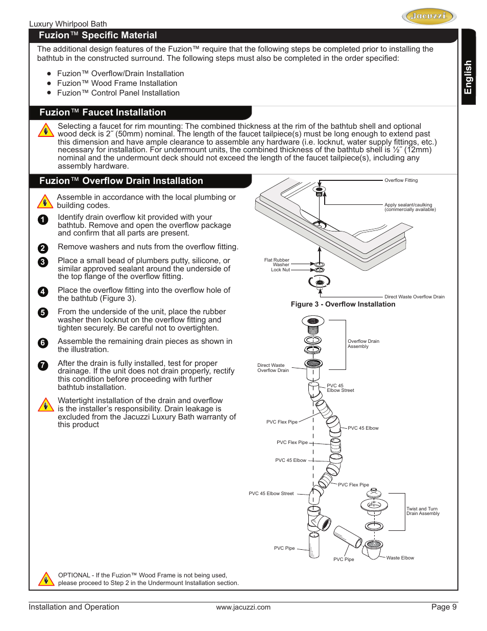 English, Fuzion ™ faucet installation | Jacuzzi HD84000 User Manual | Page 9 / 72
