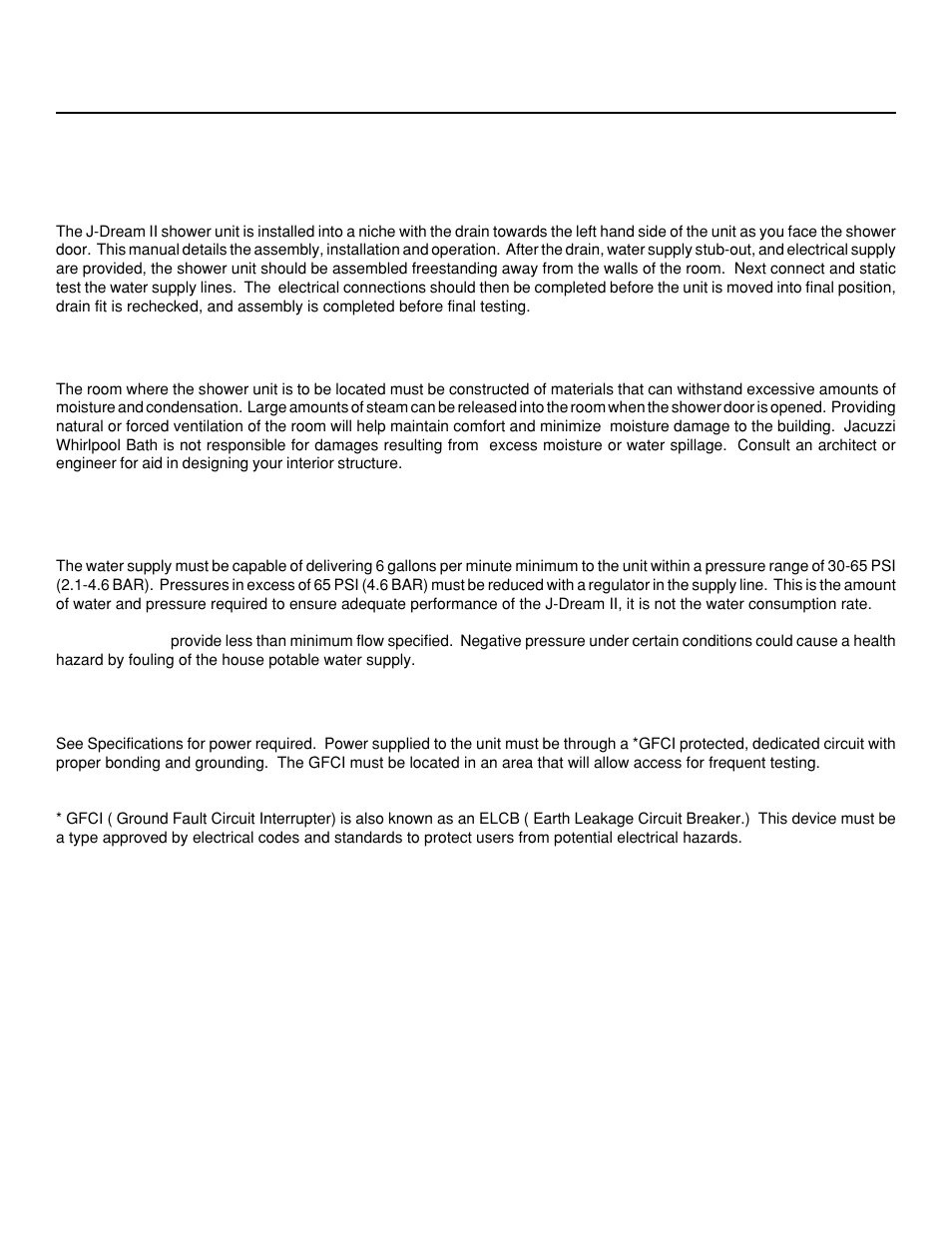 J-dream ii owner's manual, General assembly information, Room construction: important | Water supply required, Electrical power required | Jacuzzi J-DREAM II User Manual | Page 5 / 36