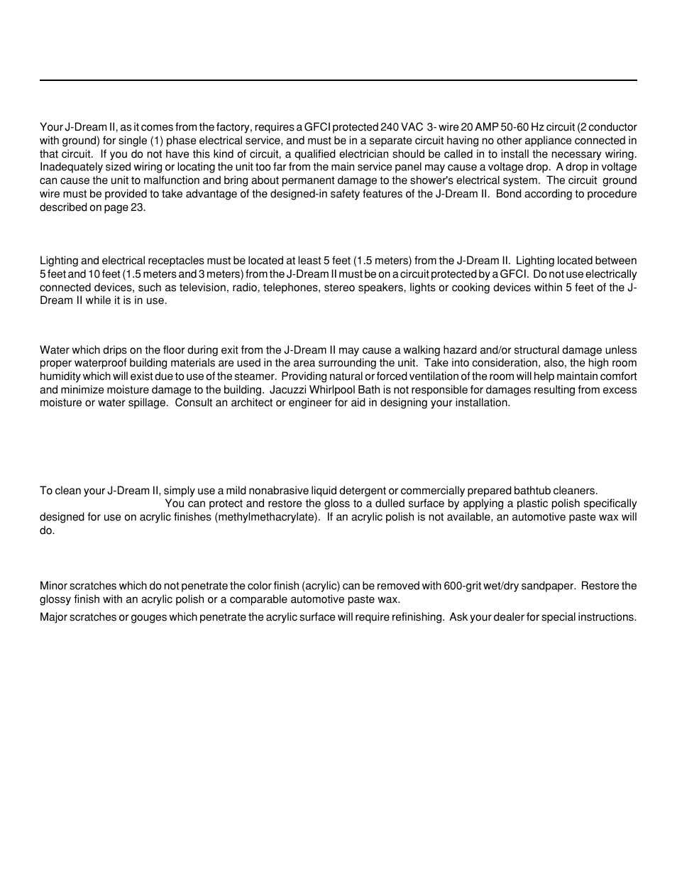 J-dream ii owner's manual, Electrical requirements, Electrical precautions | Ventilation, Maintenance | Jacuzzi J-DREAM II User Manual | Page 6 / 36