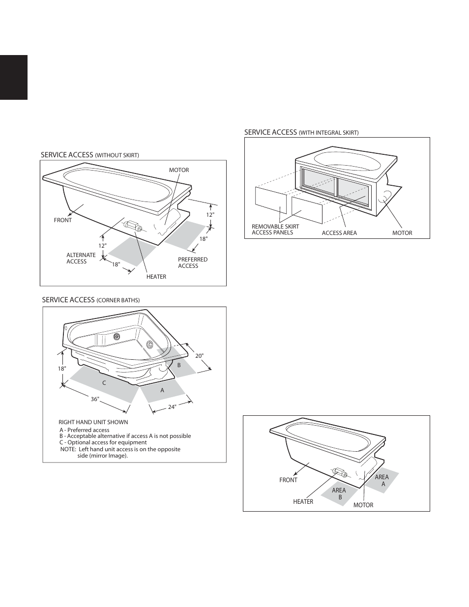Service access, Rapidheat, Service access with skirt | Service access with integral skirt | Jacuzzi Comfort Plus Bath Series User Manual | Page 12 / 46