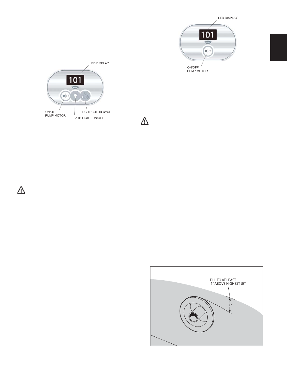 Operating instructions, Control panel, Operation | Comfort plus no light system, Comfort plus with light system, Water level | Jacuzzi Comfort Plus Bath Series User Manual | Page 15 / 46