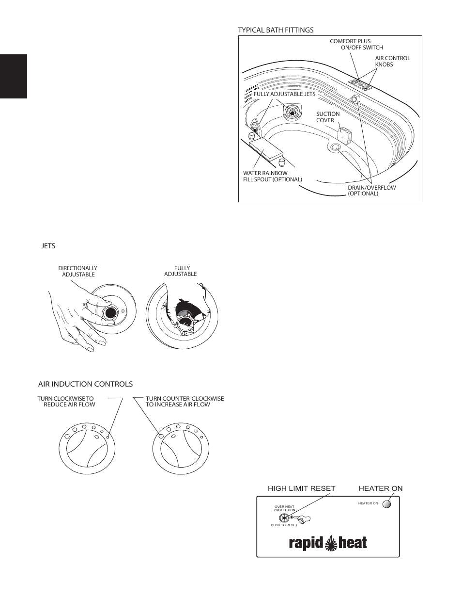 Controlling whirlpool action, Rapidheat, Operation | Jacuzzi Comfort Plus Bath Series User Manual | Page 16 / 46