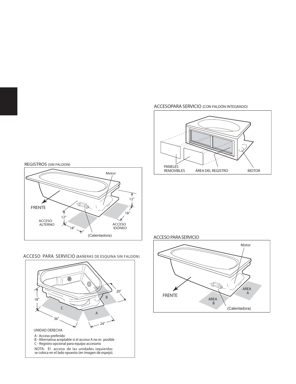 Acceso para servicio, Instalacion, Acceso opcional de servicio de rapidheat | Acceso de servicio (bañera con faldón), Acceso de servicio | Jacuzzi Comfort Plus Bath Series User Manual | Page 35 / 46
