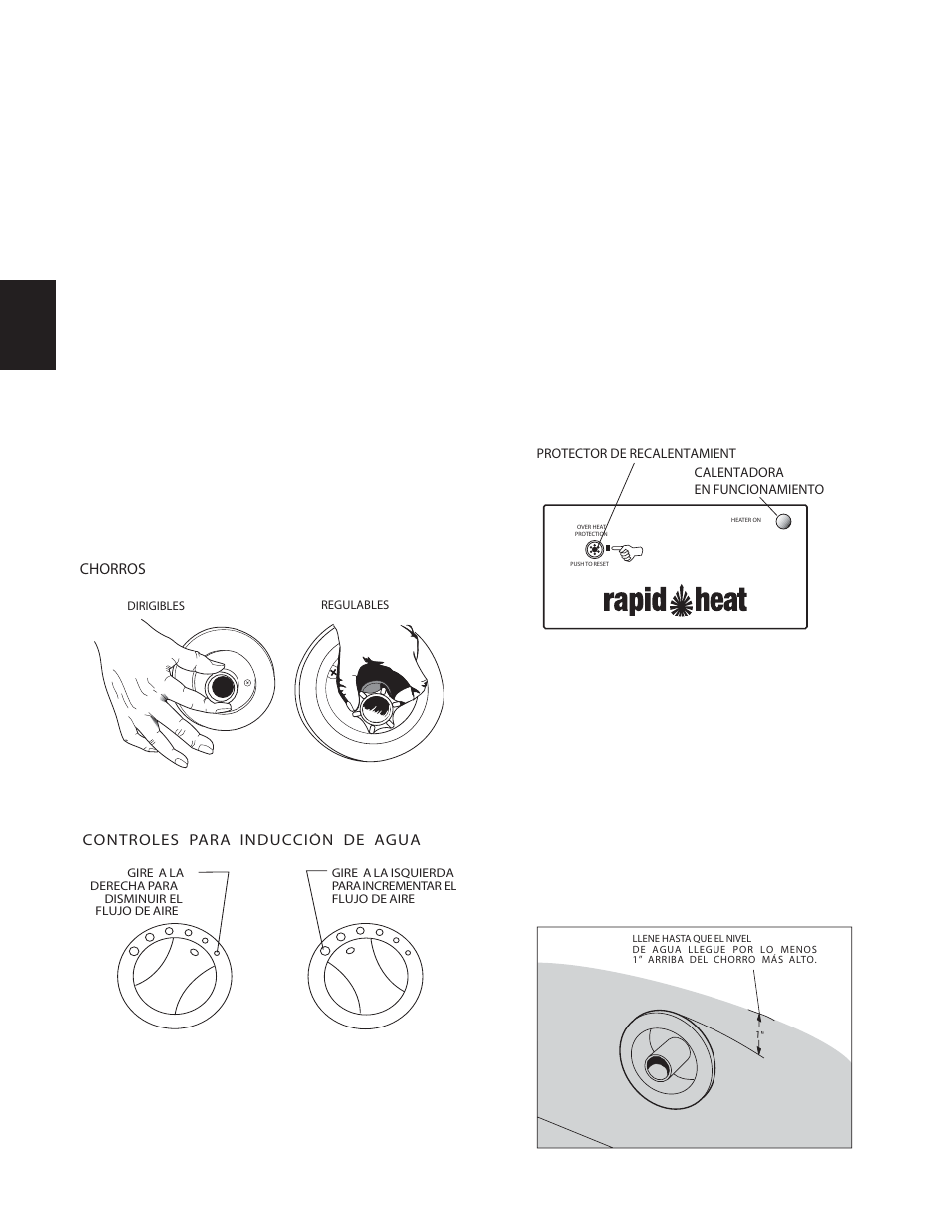 Cómo controlar el sistema de hidromasaje, Rapidheat, Nivel del agua | Jacuzzi Comfort Plus Bath Series User Manual | Page 39 / 46