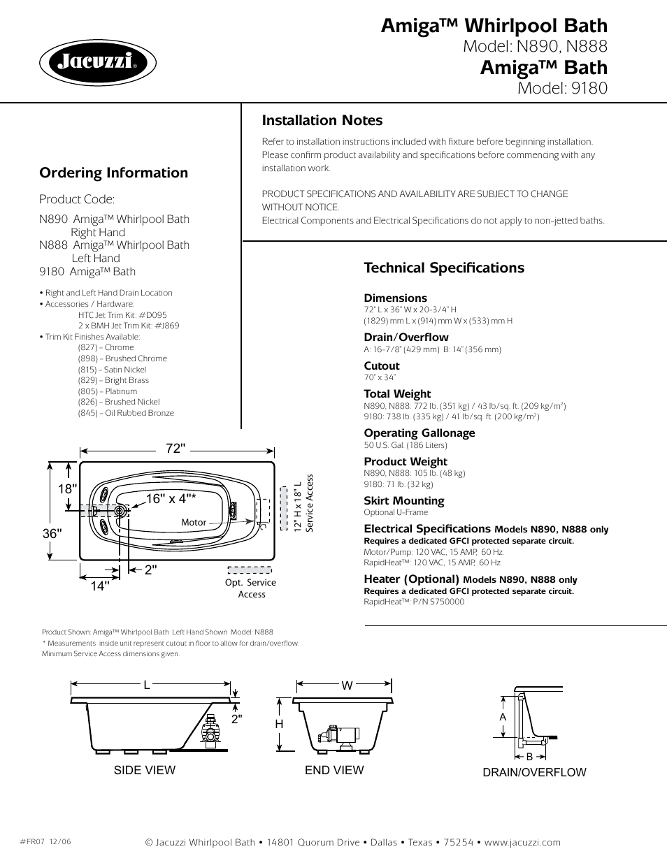 Amiga™ whirlpool bath, Amiga™ bath, Model: 9180 | Ordering information, Technical specifications | Jacuzzi Amiga 9180 User Manual | Page 2 / 2