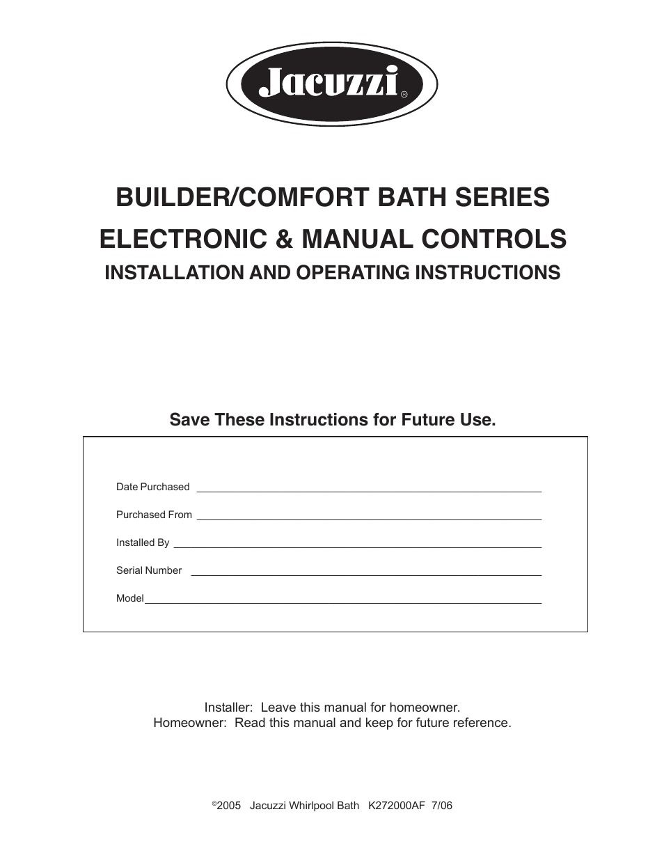 Jacuzzi K272000AF 7/06 User Manual | 64 pages