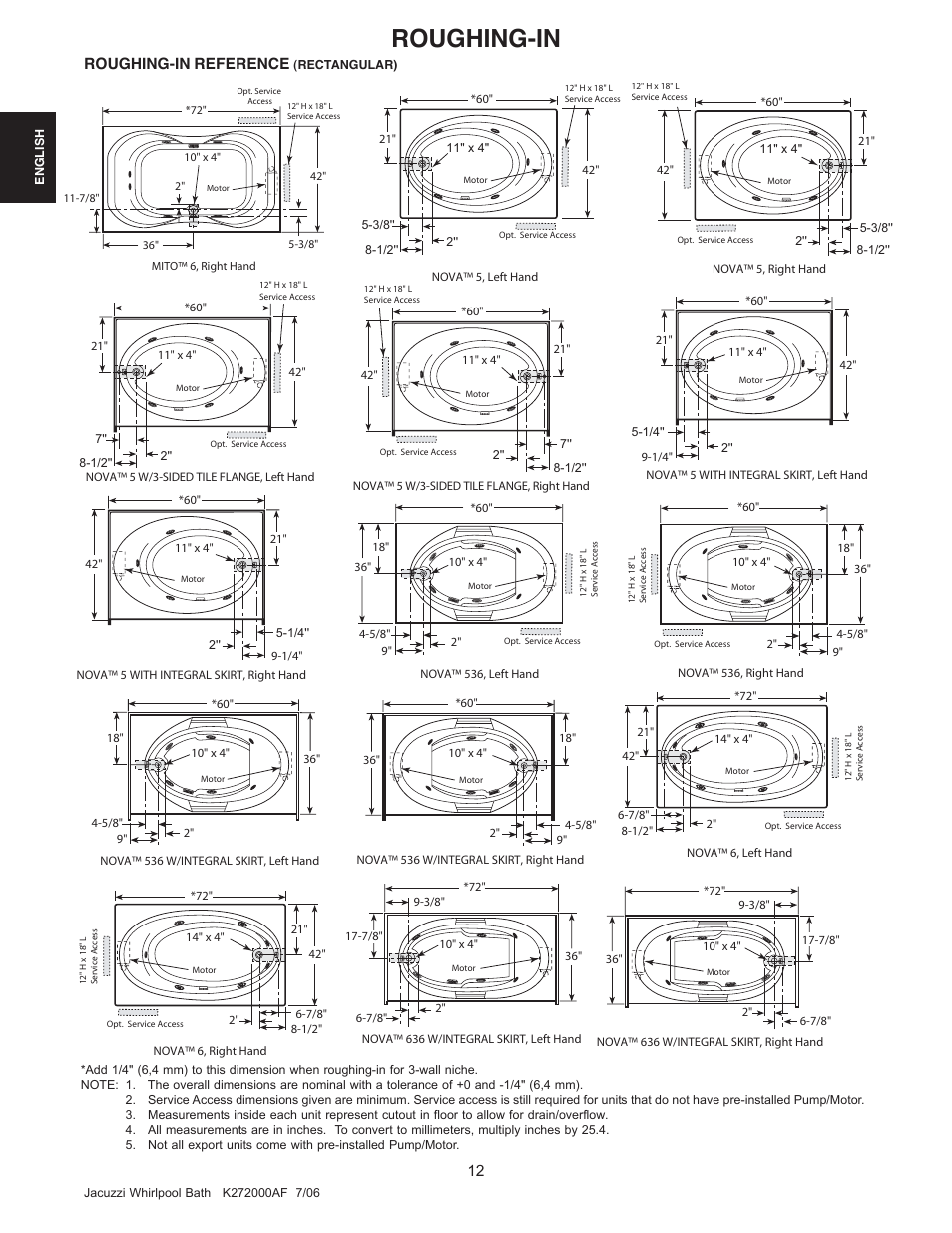 Roughing-in, Roughing-in reference | Jacuzzi K272000AF 7/06 User Manual | Page 12 / 64