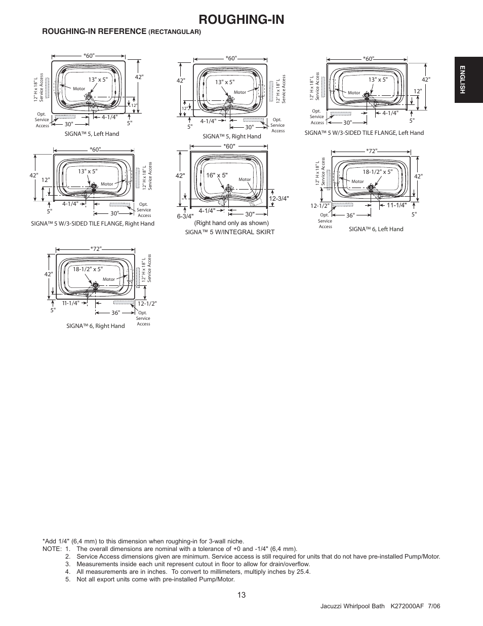 Roughing-in, Roughing-in reference | Jacuzzi K272000AF 7/06 User Manual | Page 13 / 64