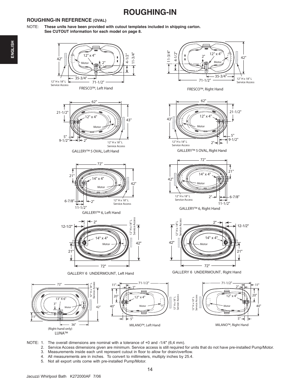 Roughing-in, Roughing-in reference | Jacuzzi K272000AF 7/06 User Manual | Page 14 / 64