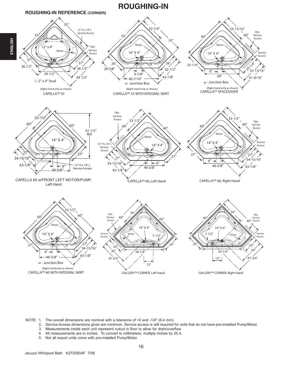 Roughing-in, Roughing-in reference | Jacuzzi K272000AF 7/06 User Manual | Page 16 / 64