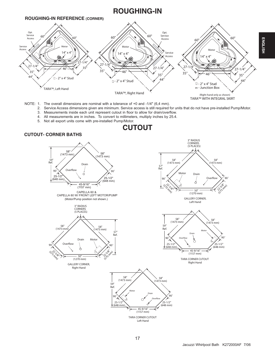 Roughing-in cutout, Cutout- corner baths 17, Roughing-in reference | Jacuzzi K272000AF 7/06 User Manual | Page 17 / 64
