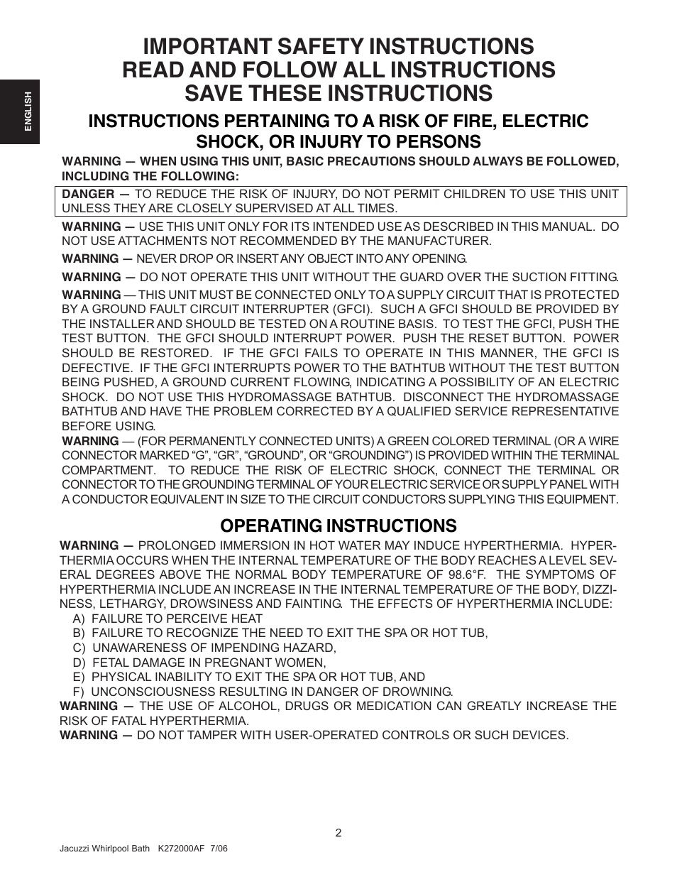 Operating instructions | Jacuzzi K272000AF 7/06 User Manual | Page 2 / 64