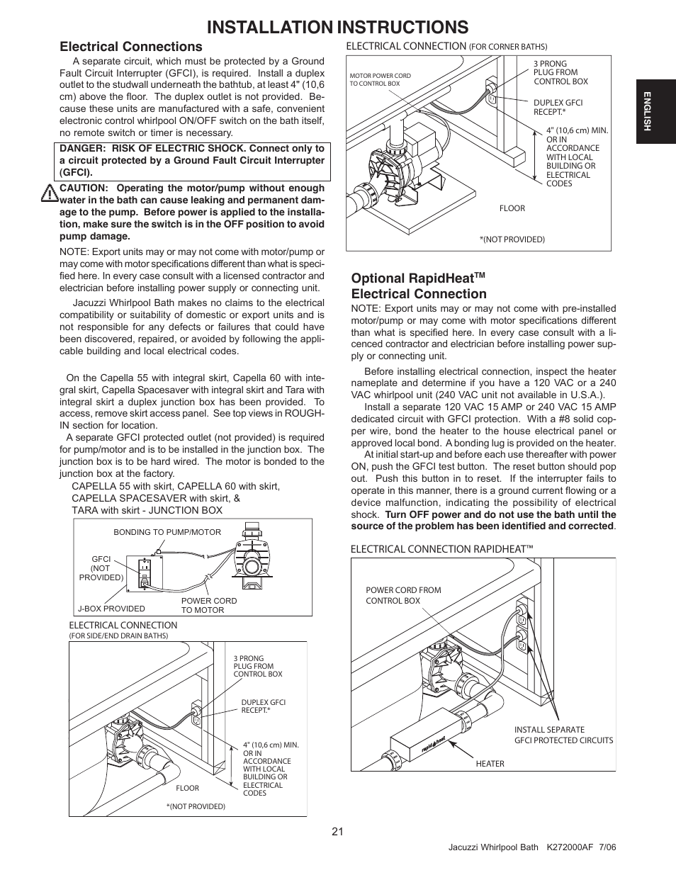Installation instructions, Optional rapidheat, Electrical connection | Electrical connections | Jacuzzi K272000AF 7/06 User Manual | Page 21 / 64