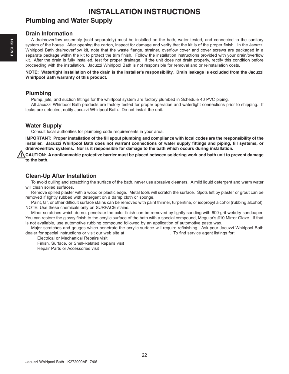 Installation instructions, Plumbing and water supply, Drain information | Plumbing, Water supply, Clean-up after installation | Jacuzzi K272000AF 7/06 User Manual | Page 22 / 64