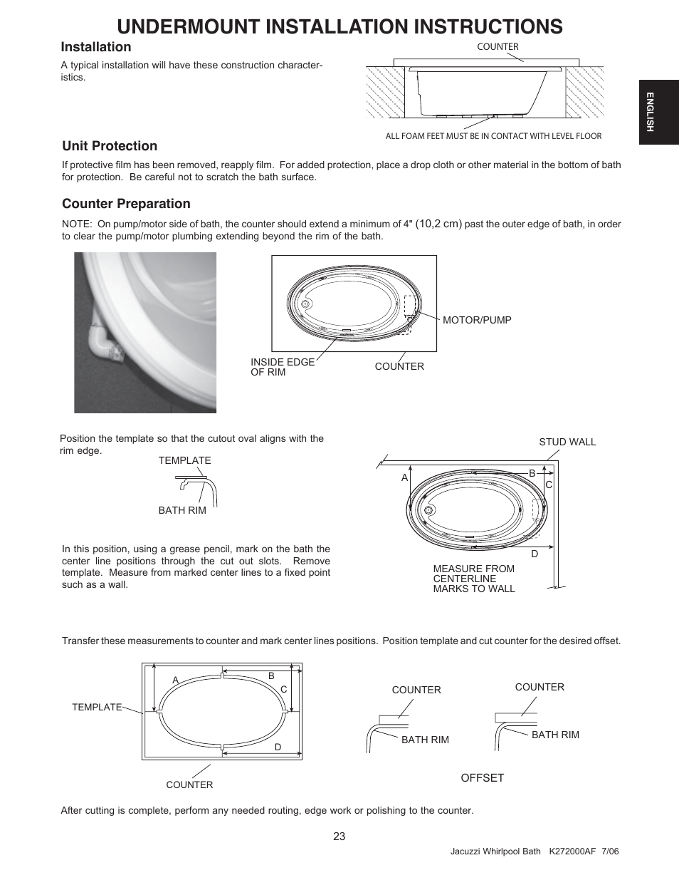 Undermount installation instructions, Installation, Unit protection | Counter preparation | Jacuzzi K272000AF 7/06 User Manual | Page 23 / 64