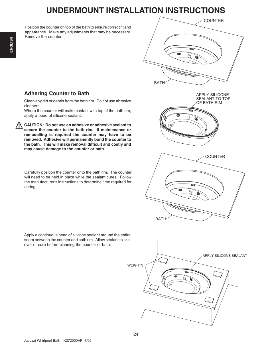 Undermount installation instructions, Adhering counter to bath | Jacuzzi K272000AF 7/06 User Manual | Page 24 / 64